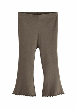 Pantalon tricot côtelé marron avec jambes évasées et bordure ourlée festonnée, conçu pour enfant.
