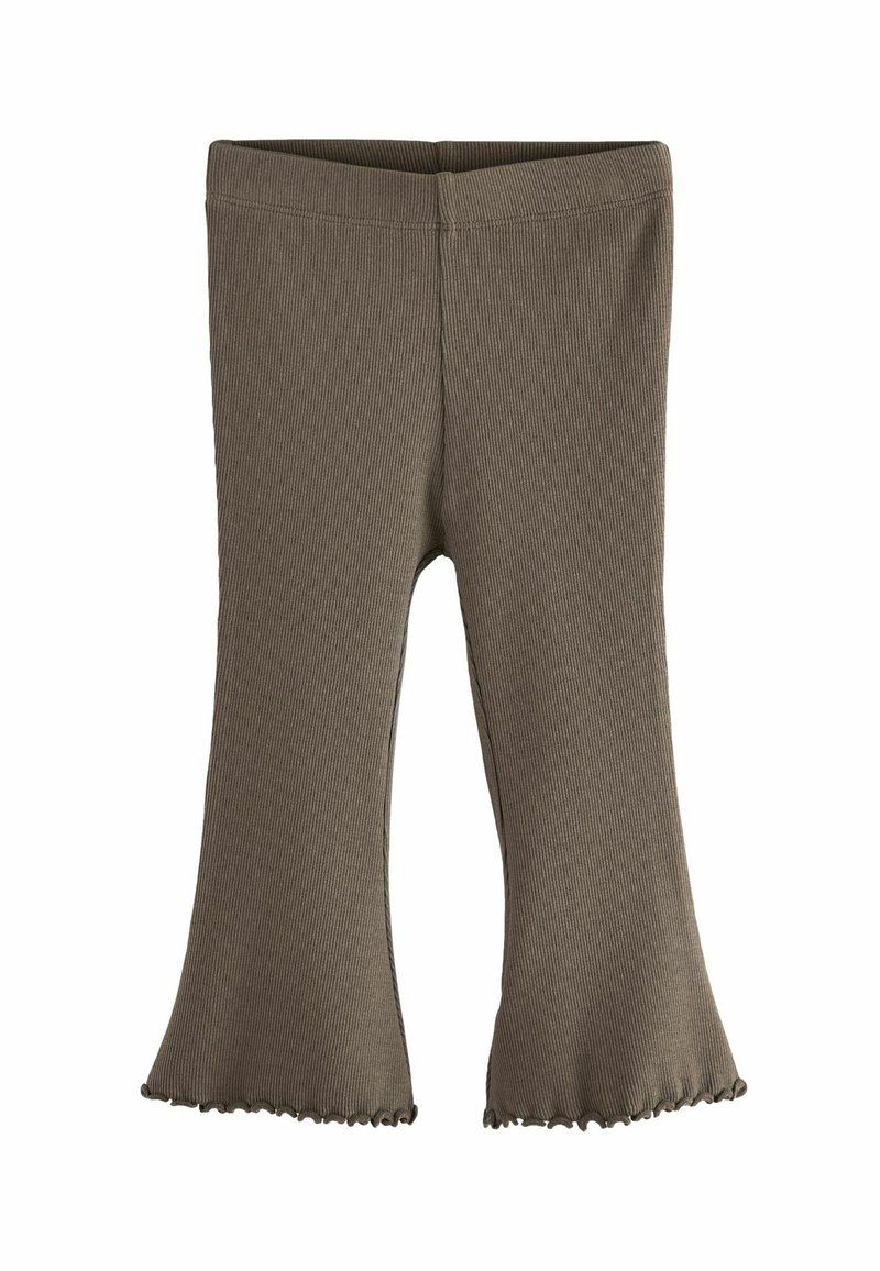 Pantalon tricot côtelé marron avec jambes évasées et bordure ourlée festonnée, conçu pour enfant.