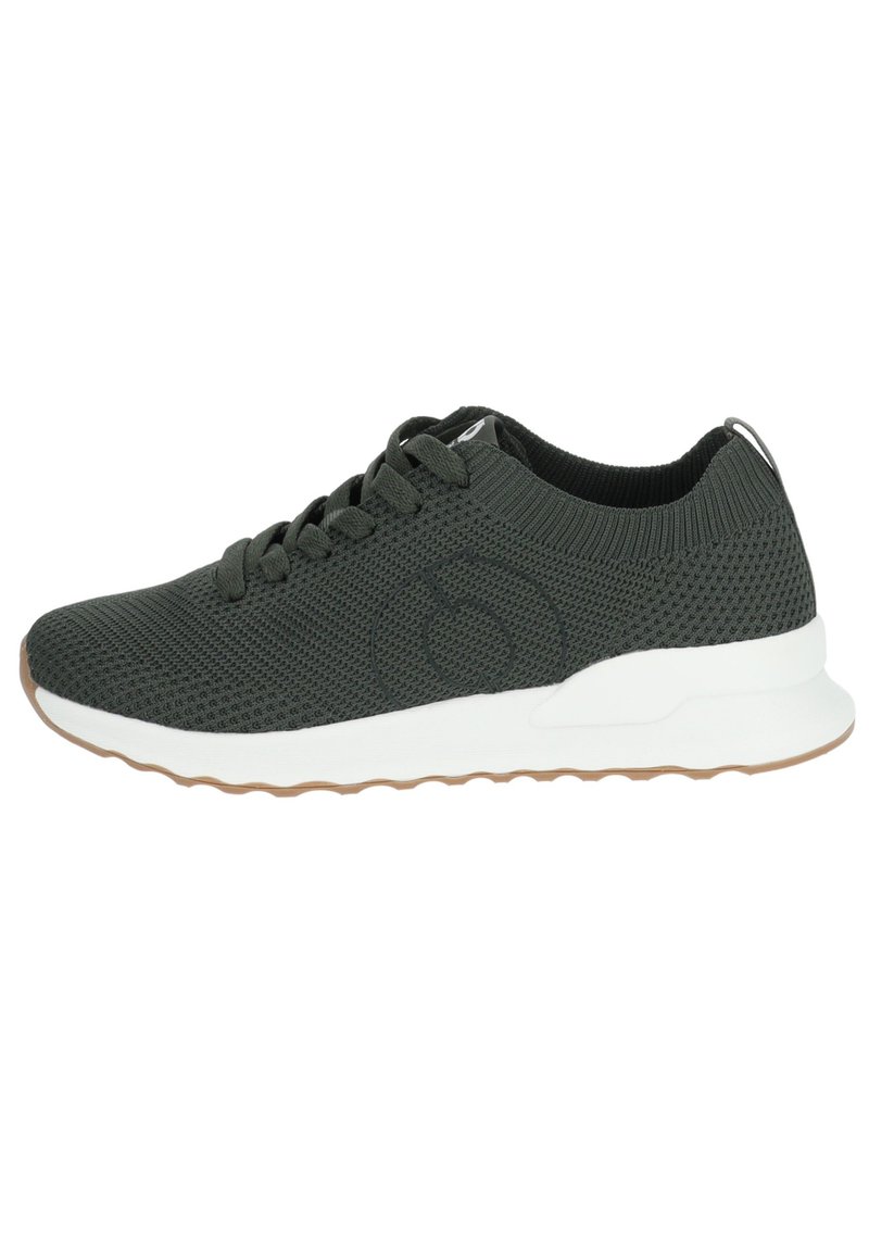 Zapatilla de punto texturizado verde con suela blanca y suela de goma. Presenta cordones redondos y un detalle de logo en el lateral. Diseño atlético estándar.