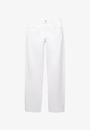 Jean en denim blanc avec une coupe droite, présentant des poches avant, des passants de ceinture et une fermeture à bouton. Texture lisse, style classique.