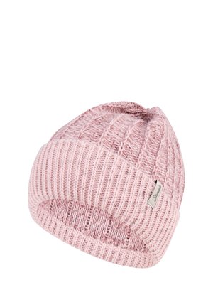 Soft pink knitted beanie with ribbed cuff and textured vertical cable knit pattern, featuring a small fabric label on the side.