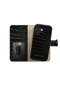 Black crocodile-pattern phone case with cardholder, featuring a beige interior. Includes sleek design and gold logo detail.