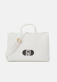 Borsa a tote strutturata bianca con doppie maniglie superiori e una tracolla removibile. Presenta un dettaglio ovale del logo in bianco e nero. Texture liscia.