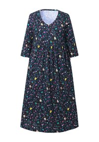 Blumenkleid mit navy-blauem Hintergrund, V-Ausschnitt und Dreiviertelärmeln. Es weist lebendige Blumenmuster in Gelb, Pink und Türkis auf.