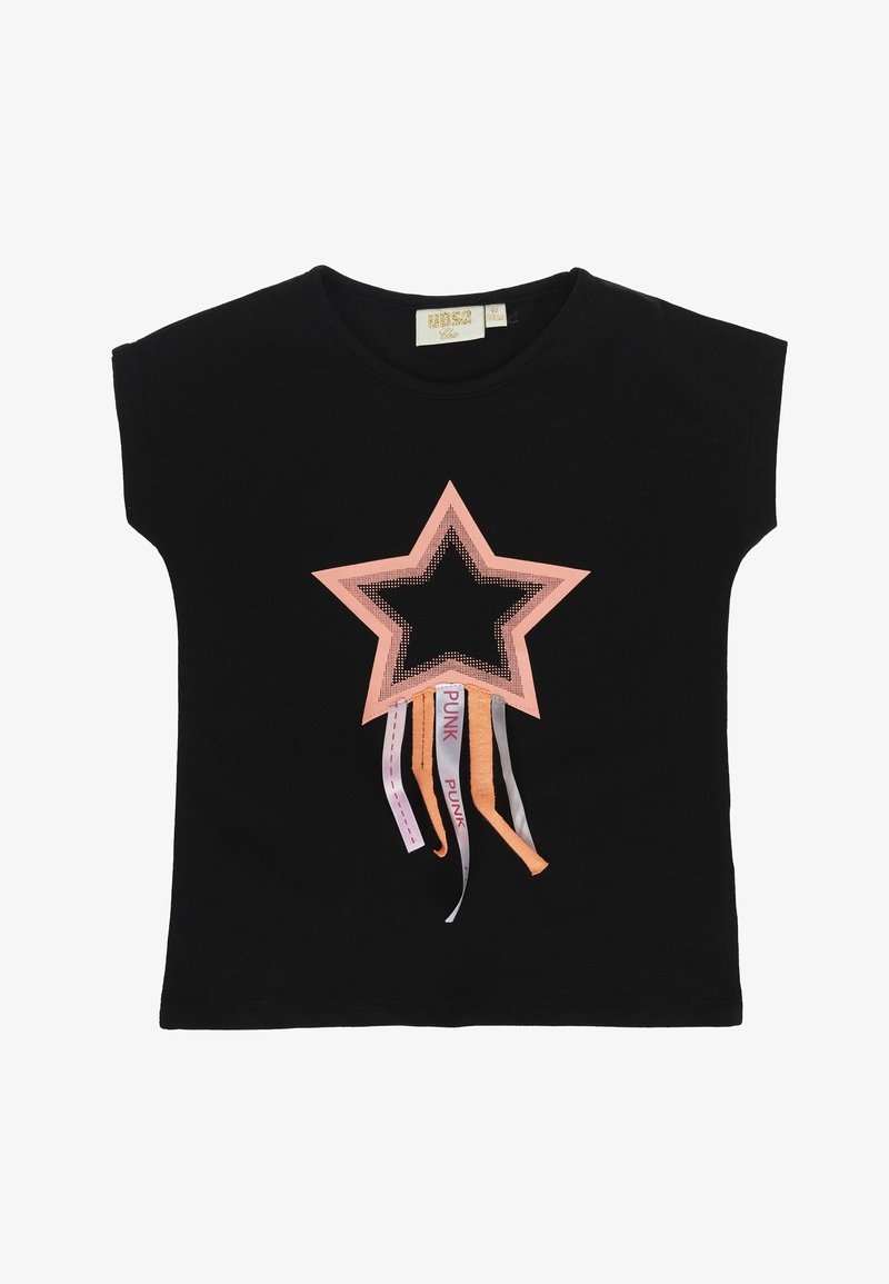 Chemise noire à manches courtes avec un grand motif d'étoile rose et des rubans suspendus orange et blanc, dont un avec le mot "PUNK" imprimé dessus.