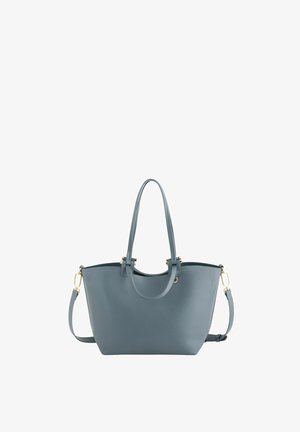 Bolso tote de cuero azul grisáceo con asas dobles y correa de hombro desmontable, con detalles de herrajes en tono dorado.
