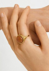 Hand met een gouden ring met een grote, gladde, bruine steen, die voorzichtig een andere pols vasthoudt tegen een neutrale achtergrond.
