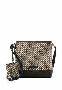 Henkeltasche im Gewebemuster in Beige und Braun mit einem schwarzen strukturierten Boden. Sie verfügt über einen verstellbaren Schultergurt und eine kleine passende Tasche.