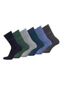 Set of six crew socks in navy, green, gray, dark teal, blue, and dark gray. Made of smooth fabric with a ribbed cuff and logo detail.