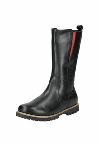 Black leather knee-high boot with a smooth finish, featuring a red elastic inset, textured rubber outsole, and rounded toe design.