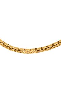 Gouden metalen kettinghalsketting met onderling verbonden ovale schakels, een gladde textuur en een gepolijste afwerking met een uniforme breedte.