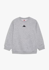 Grijze sweatshirt van zacht materiaal met een ronde halslijn en raglanmouwen. Bevat een zwart geborduurd logo op de borst.