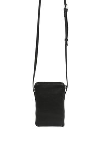 Schwarze Leder-Umhängetasche mit strukturierter Oberfläche, Reißverschluss und verstellbarem Riemen. Minimalistisches rechteckiges Design.