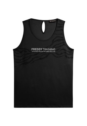 Débardeur d'entraînement noir sans manches avec encolure en forme de serrure, motif gaufré ondulé et texte "FREDDY TRAINING Joyfulness Through Movement Since 1976" devant.