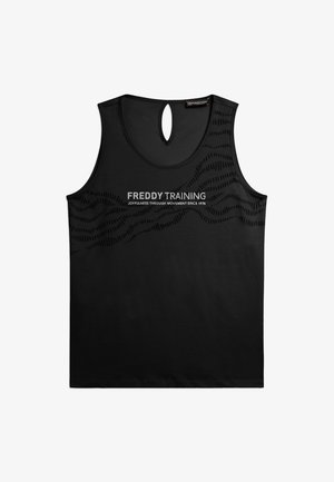 Top da allenamento nero senza maniche con scollo a goccia, motivo goffrato ondulato e scritta "FREDDY TRAINING Joyfulness Through Movement Since 1976" sul davanti.