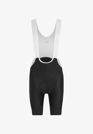 Czarne szorty kolarskie z białymi siateczkowymi ramiączkami, wyściełanym siedzeniem, teksturowanymi panelami oraz dopasowanym krojem dla wygody i wsparcia podczas jazdy.