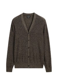 Brown knitted cardigan with a V-neck, long sleeves, five buttons on the front, and a soft texture, featuring a subtle pattern throughout.
