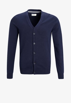 Cardigan azul-marinho feito de um tecido de malha macia, com decote em V, fecho com seis botões e punhos e barra canelados.