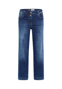 Jeans en denim bleu foncé avec une coupe droite, dotés d'une fermeture à deux boutons, de poches avant et de détails de décoloration subtils.