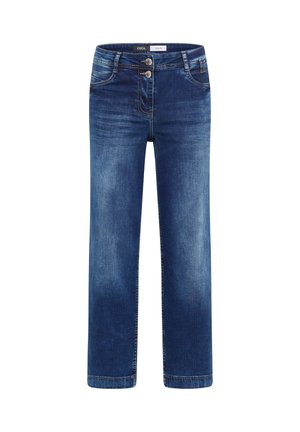 Jeans en denim bleu foncé avec une coupe droite, dotés d'une fermeture à deux boutons, de poches avant et de détails de décoloration subtils.