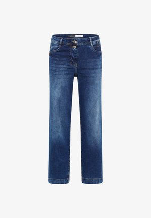 Donkerblauwe denim jeans met een rechte pijpdesign, voorzien van een twee-knopen sluiting, voorzakken en subtiele vervagingdetails.