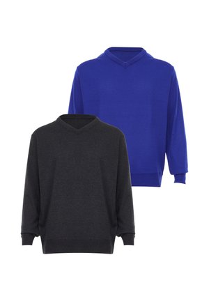 Zwei langärmelige V-Ausschnitt-Pullover, einer dunkelgrau vorne und einer königsblau hinten, auf einem schlichten weißen Hintergrund dargestellt.