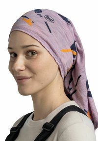 Light purple headscarf with abstract patterns in navy and orange, made of soft fabric, tied at the back, worn by a person with fair skin.