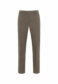 Hellbraune, maßgeschneiderte Hose aus einem glatten Stoff. Mit flacher Vorderseite, geraden Beinen und subtilen Texturdetails.