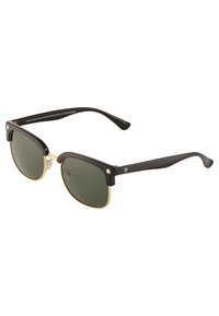 Ochelari de soare din plastic negru cu lentile verzi; accente din metal auriu pe marginea superioară; brațe detaliate de culoare gri; hardware argintiu aproape de tâmple.