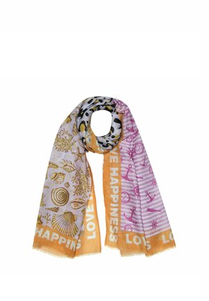 Scarf with seashell and coral patterns on one side, pink nautical symbols on striped background on the other, with orange borders reading "Love Happiness."