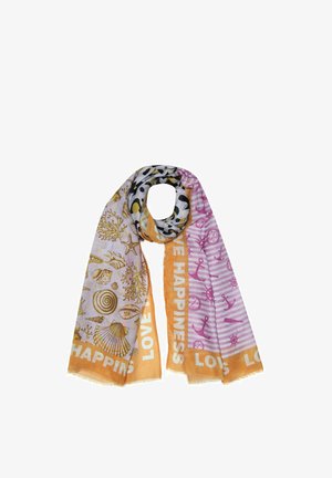 Sjaal met schelp- en koraalpatronen aan de ene kant, roze nautische symbolen op een gestreepte achtergrond aan de andere kant, met oranje randen met de tekst "Liefde Geluk".