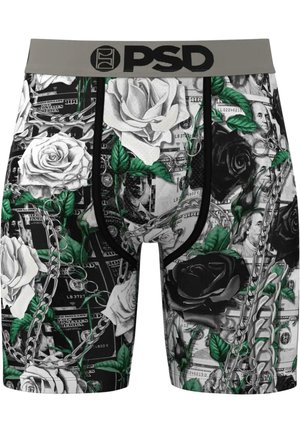 Schwarz-weiße gemusterte Boxershorts mit Rosen-, Ketten- und Geldgrafiken; grauer elastischer Bund mit "PSD"-Logo.