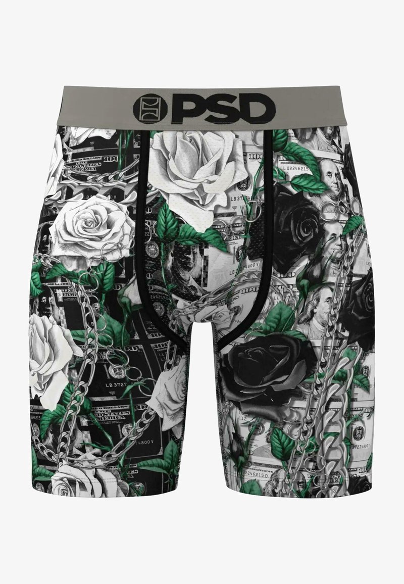 Fekete-fehér mintás boxeralsó, rózsákkal, láncokkal és pénz grafikával; szürke elasztikus derékpánt "PSD" logóval.