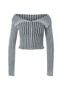 Szürke és fekete csíkos, off-shoulder, rövid kardigán, széles gallérral és hosszú ujjak kialakítással, puha kötött anyagból.