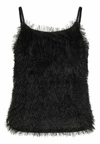 Haut noir sans manches en matière douce et duveteuse avec une finition texturée et des bretelles fines. L'ourlet est légèrement irrégulier avec des détails en franges.
