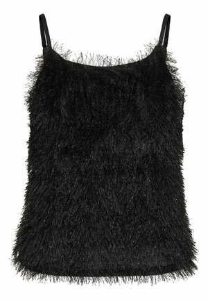 Sort, ermeløs topp laget av mykt, fluffy materiale med en strukturert overflate og tynne stropper. Falden er litt ujevn med frynsekantdetaljer.