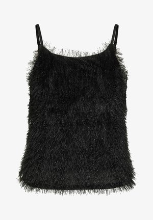 Sort, ermeløs topp laget av mykt, fluffy materiale med en strukturert overflate og tynne stropper. Falden er litt ujevn med frynsekantdetaljer.