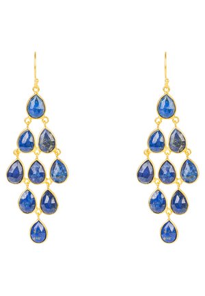 Gold-tone drop earrings featuring a clustered design with teardrop-shaped blue gemstones, varying in shades, texture, and crafted with a polished finish.