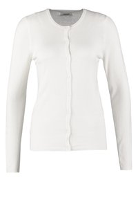 Cardigan blanc à manches longues, boutonné sur le devant, avec un col rond et une silhouette ajustée.