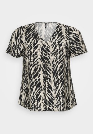 Short-sleeved top with a V-neck, featuring a black and cream tiger stripe pattern. Fabric appears lightweight and flowy.