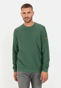 Green knitted sweater with a ribbed crew neckline and cuffs, featuring a tan leather logo patch on the left sleeve. Worn with gray jeans.