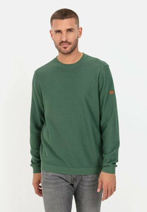 Green knitted sweater with a ribbed crew neckline and cuffs, featuring a tan leather logo patch on the left sleeve. Worn with gray jeans.