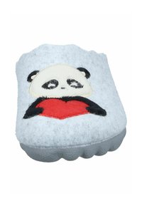 Gray felt slipper with panda face and red heart design. Soft texture, rounded shape, and rubber sole for grip.
