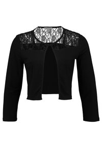 Černý zkrácený cardigan s krajkovým panelem v oblasti výstřihu a ramen, s dlouhými rukávy a otevřeným předním dílem. Měkká textura látky.