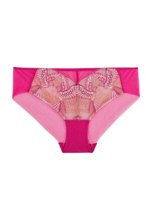 Biancheria intima da donna di un rosa acceso con pannelli trasparenti decorati con uccelli ricamati e motivi floreali sul davanti.