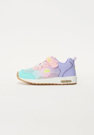 Multicolored sneaker featuring a gradient design in blue, pink, and purple, with perforated accents, adjustable strap, and a visible air pocket.