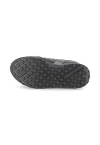 Semelle de chaussure de sport noire avec un design en caoutchouc texturé. Dispose de profondes rainures en forme de diamant pour l'adhérence et la traction.