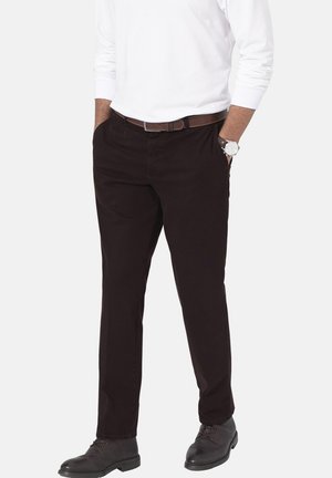 Men's dark brown pants, slim fit, made of cotton blend fabric. Features straight legs, side pockets, and a front button closure.