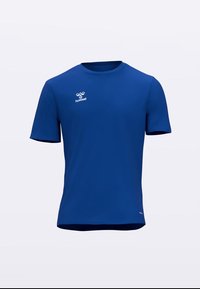 Modra športna majica iz gladkega blaga z okroglim izrezom in kratkimi rokavi. Na levi strani spredaj izrazit logotip.