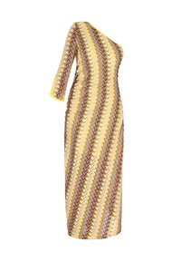 Asymmetrisches Trägerkleid in Gelb-, Braun- und Pinkwellenmuster. Knielang, figurbetont mit strukturierter Stoffqualität und Dreiviertelärmeln.